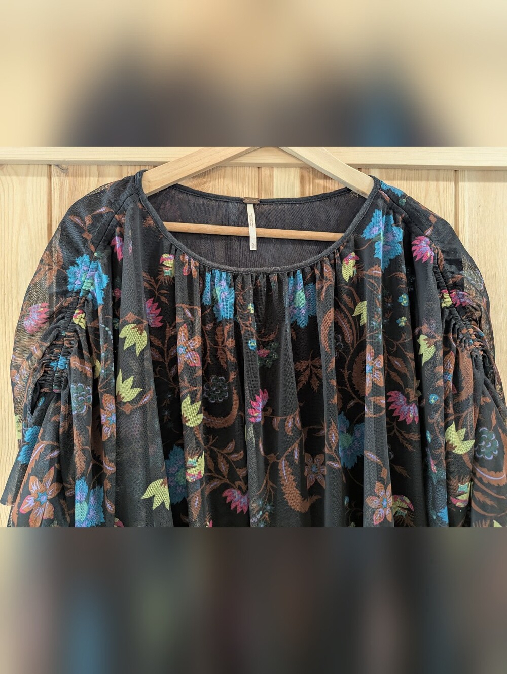 Free People Black Floral Sheer Balloon-Sleeve Blouse - Picture 3 of 8